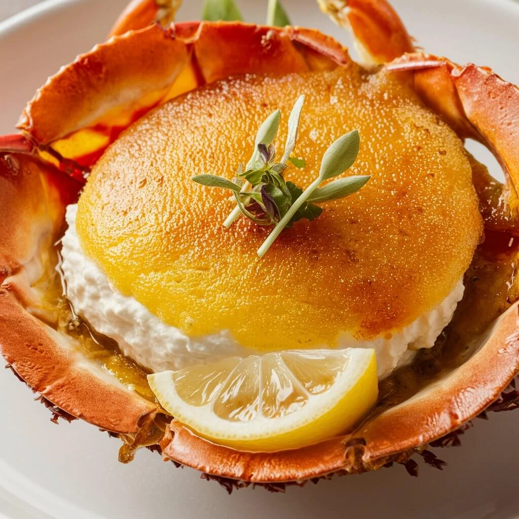 A gourmet crab brulee served in a ramekin, topped with a golden caramelized crust, garnished with fresh herbs and a slice of lemon on the side.