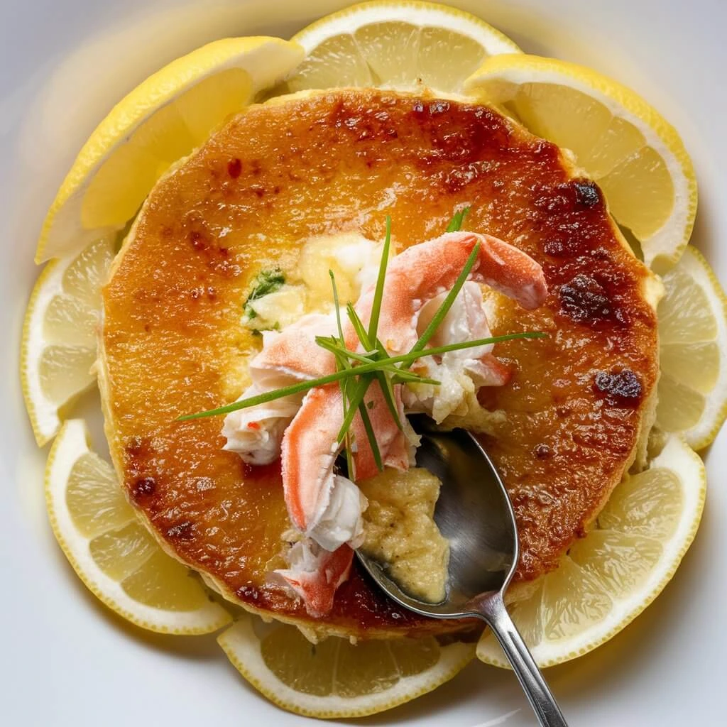 A close-up of a golden-brown crab crème brûlée, topped with fresh crab meat, garnished with chives, and surrounded by lemon slices.