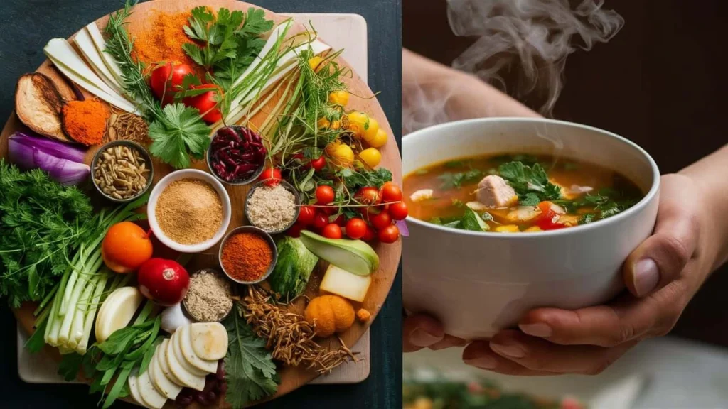 A vibrant display of fresh soup ingredients on a wooden board, paired with a steaming bowl of soup held in hands, ready to be enjoyed.