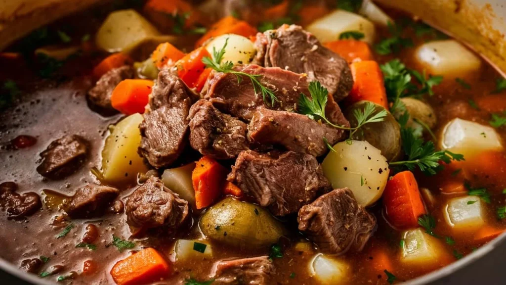 A steaming bowl of beef heart stew with tender chunks of meat, vegetables, and fresh parsley garnish.