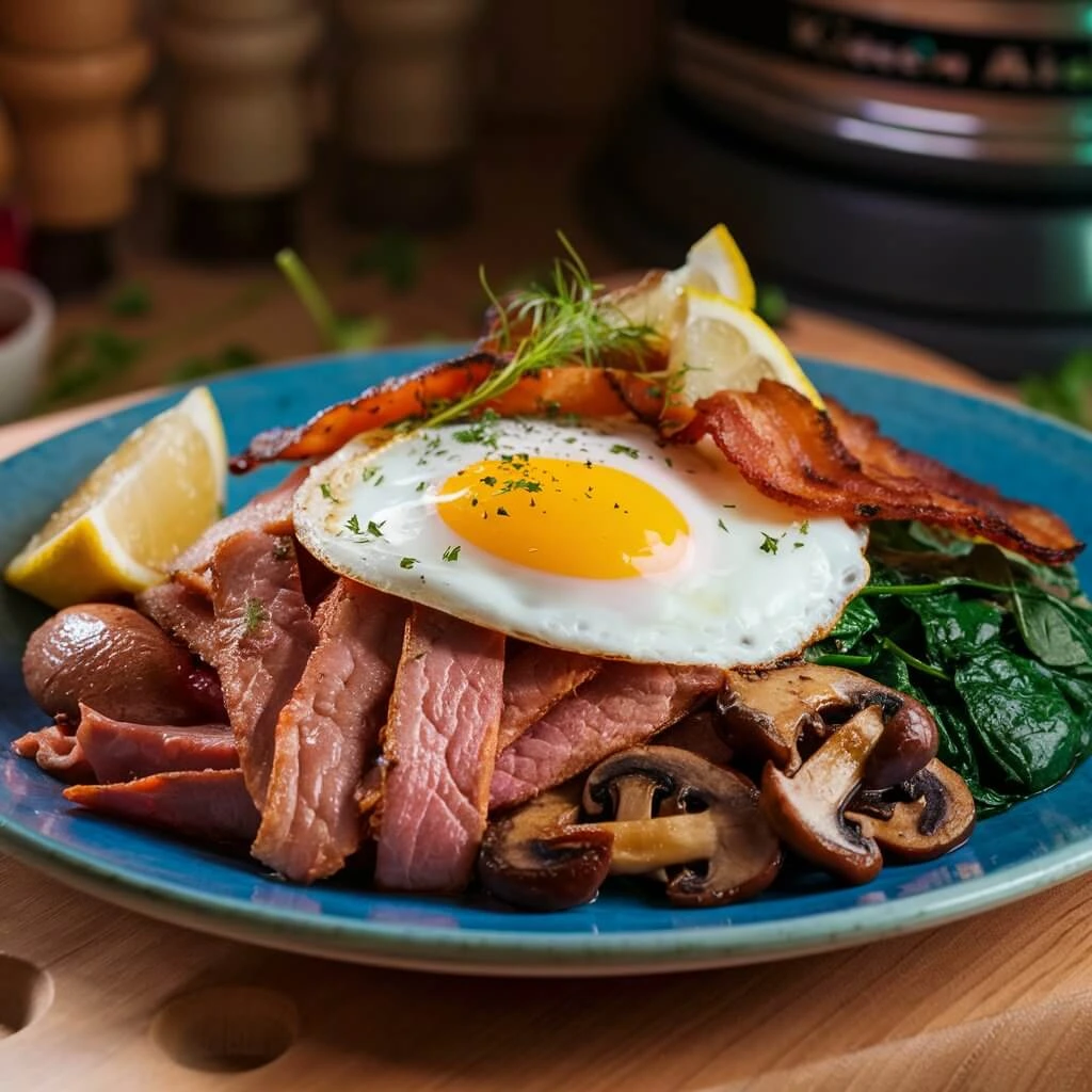 A hearty breakfast plate featuring canned corned beef slices, crispy bacon, sautéed mushrooms, wilted spinach, and a sunny-side-up egg, garnished with fresh herbs and lemon wedges.