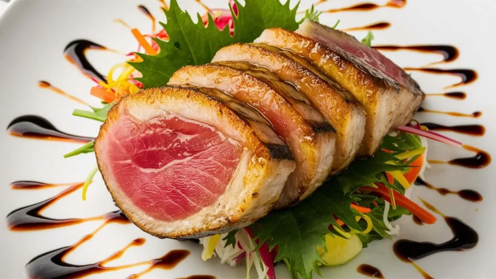 Sliced seared ahi tuna served on a bed of colorful greens and garnished with a drizzle of balsamic glaze