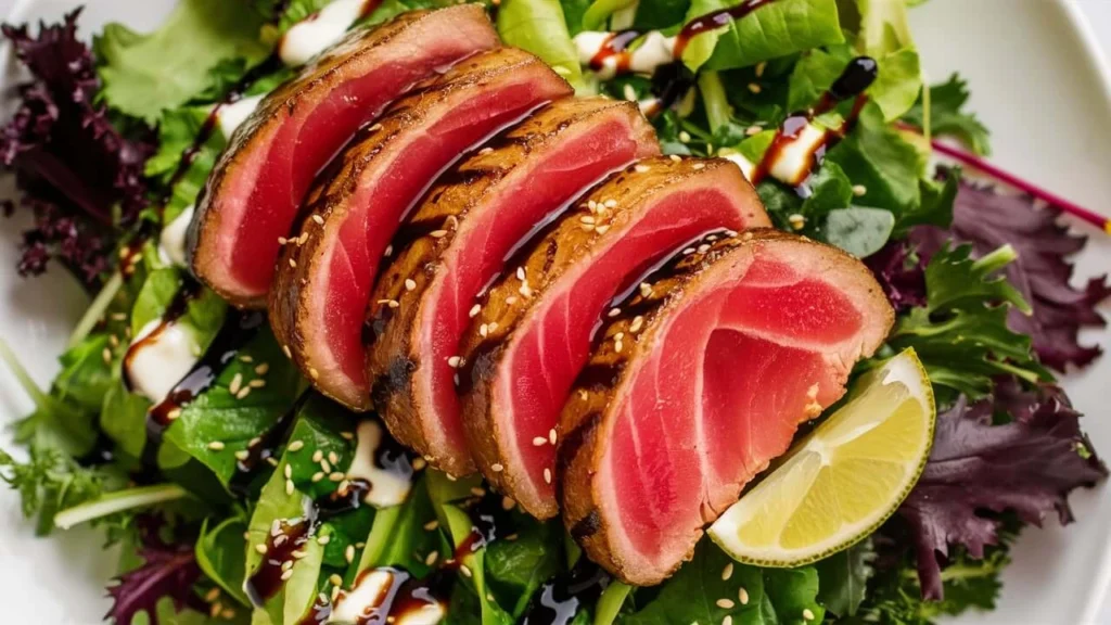 Sliced seared ahi tuna arranged on a bed of fresh mixed greens, drizzled with balsamic glaze and sesame seeds, accompanied by a lime wedge.