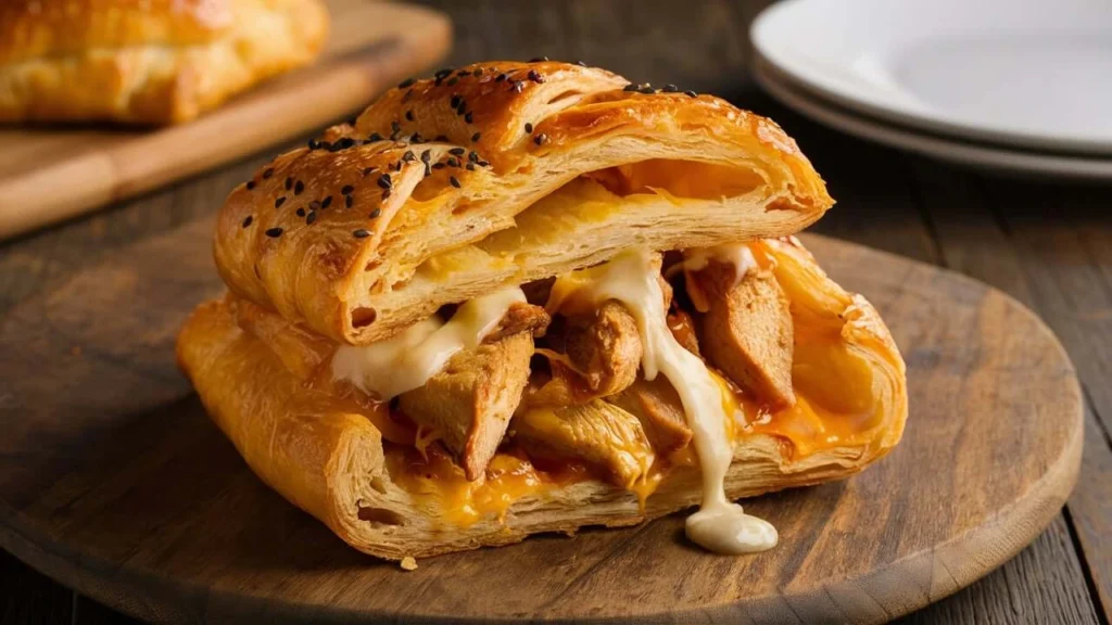 Freshly baked Chicken and Cheese Jalousie with golden puff pastry, served on a wooden board alongside cheese and fresh herbs.