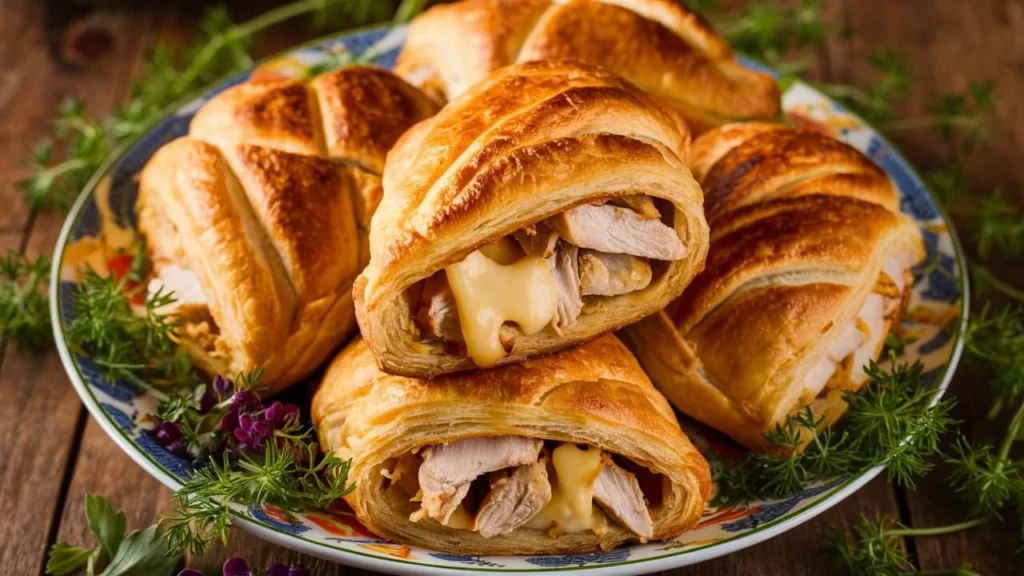 Close-up of Chicken and Cheese Jalousie with golden flaky crust, sliced to reveal a savory chicken and cheese filling, garnished with fresh herbs.