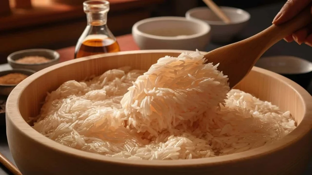 Gently Mixing Sushi Rice with Wooden Spatula