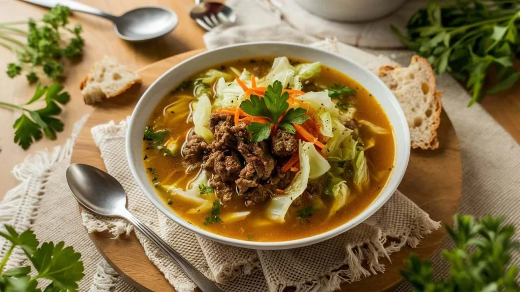 Hearty Bowl of Hamburger and Cabbage Soup