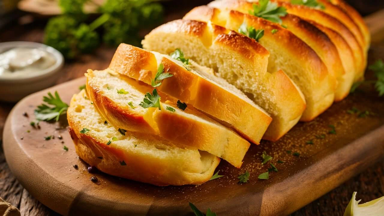 Freshly baked Greek yogurt garlic bread loaf brushed with garlic butter, garnished with parsley and Parmesan, served on a wooden cutting board.