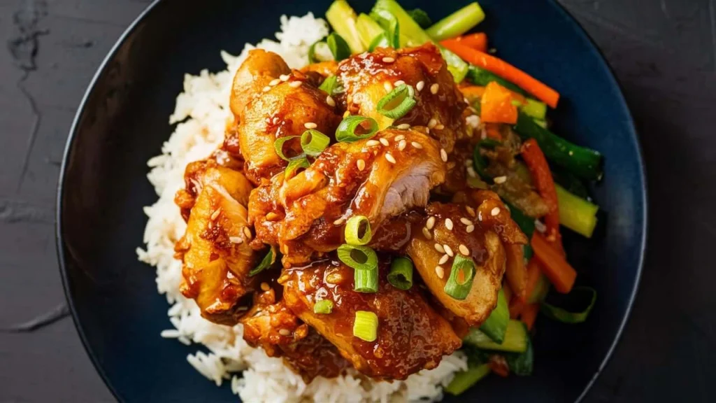 Honey Garlic Chicken Served with Rice and Stir-Fried Vegetables