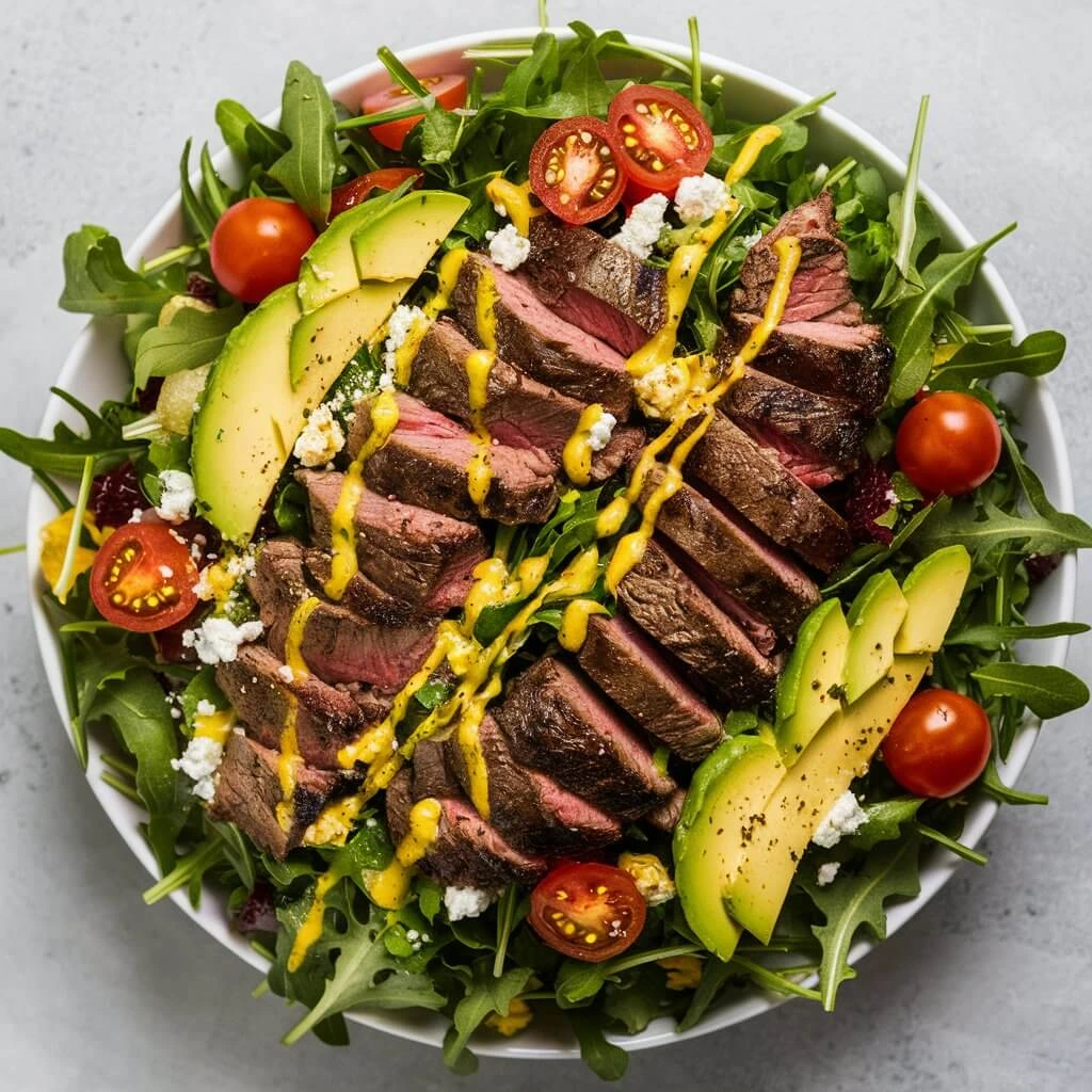 Steak salad with sliced grilled steak, fresh lettuce, cherry tomatoes, red onions, and a light vinaigrette dressing.