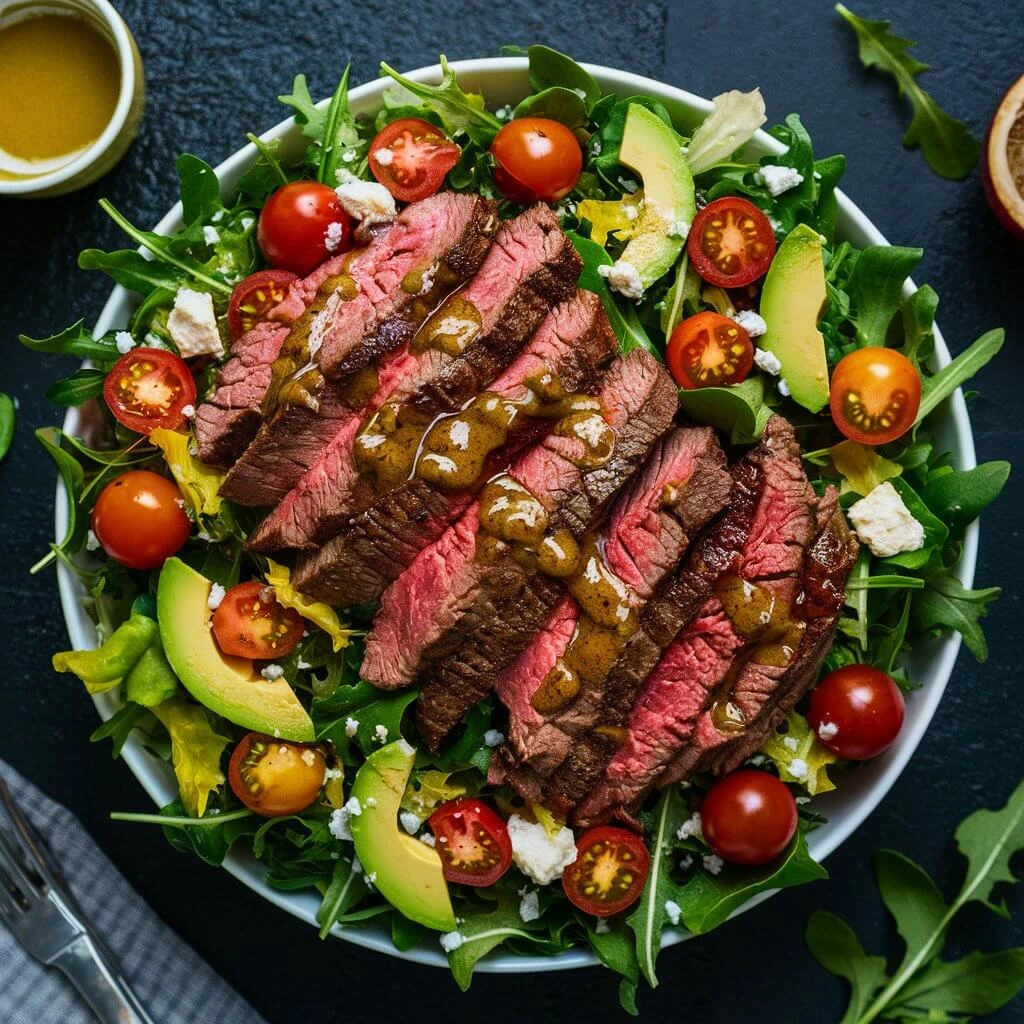 A delicious steak salad featuring sliced steak, mixed greens, cherry tomatoes, cucumbers, and a light vinaigrette dressing.