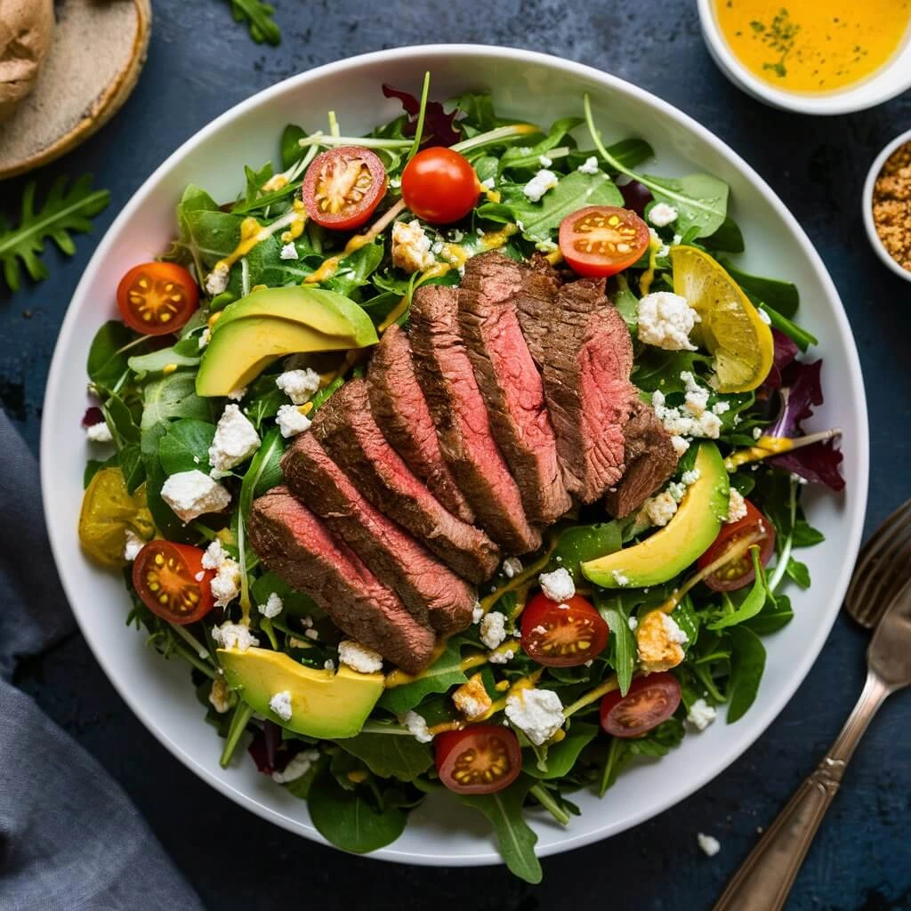 A vibrant steak salad with juicy steak slices, fresh greens, cherry tomatoes, red onions, and a drizzle of balsamic dressing