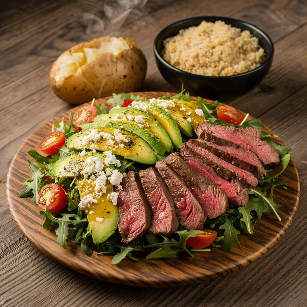 Steak salad with grilled steak, mixed greens, avocado, cherry tomatoes, and a balsamic vinaigrette dressing.