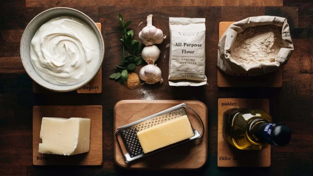 Ingredients for Greek Yogurt Garlic Bread displayed on a kitchen countertop, including Greek yogurt, flour, baking powder, garlic, butter, olive oil, and parsley.