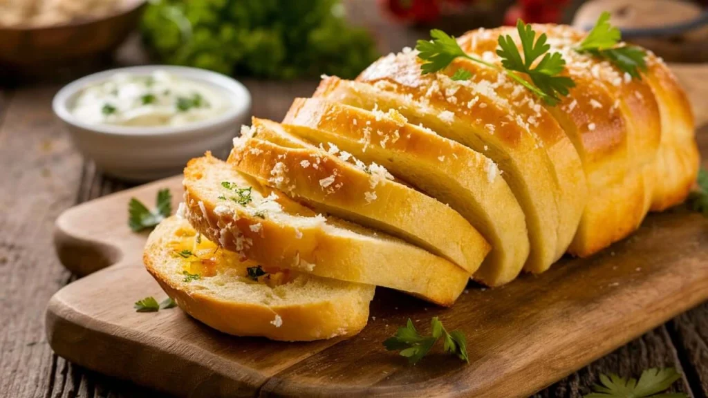 Freshly baked Greek Yogurt Garlic Bread topped with melted garlic butter and parsley, served on a wooden board.