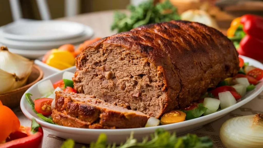 Freshly baked meatloaf with a golden-brown glaze, sliced and served on a plate.