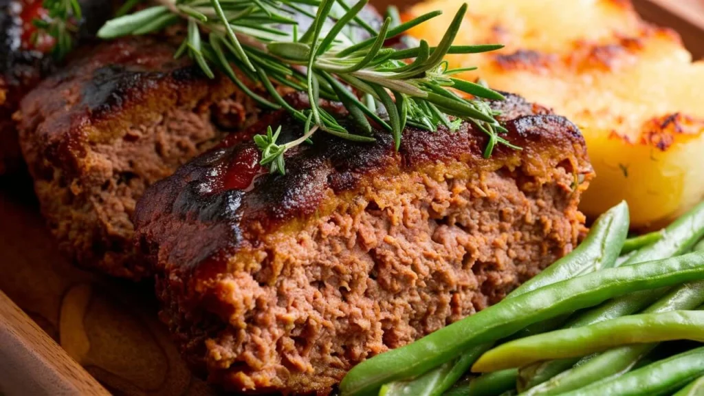 Classic meatloaf with a glossy glaze, served with mashed potatoes and green beans.