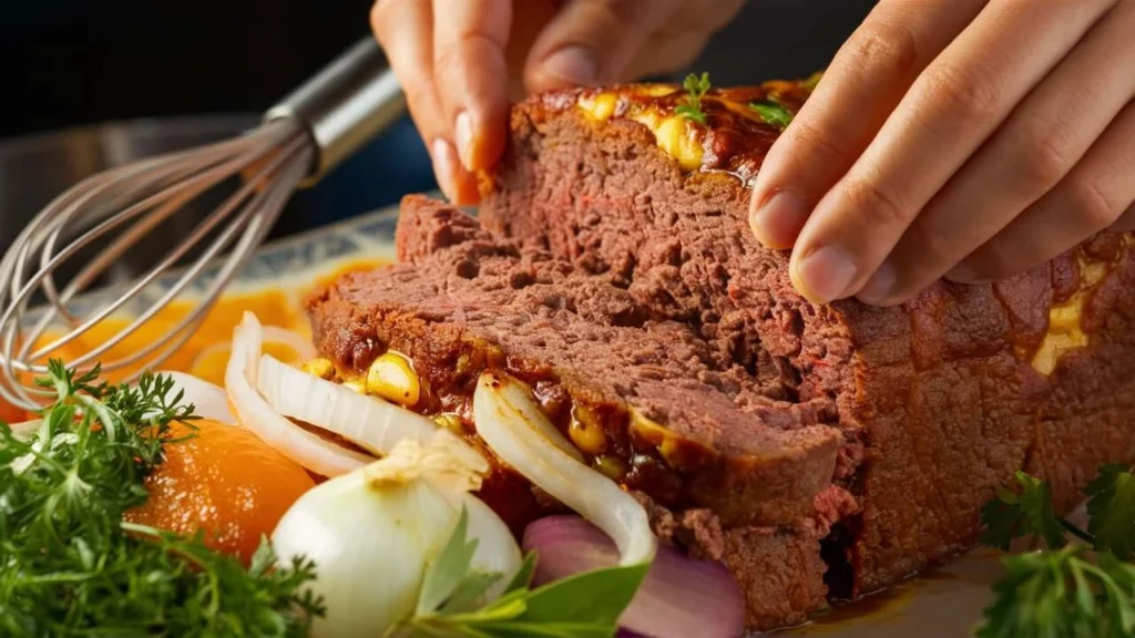 Delicious homemade meatloaf with a caramelized glaze, served with mashed potatoes and vegetables.