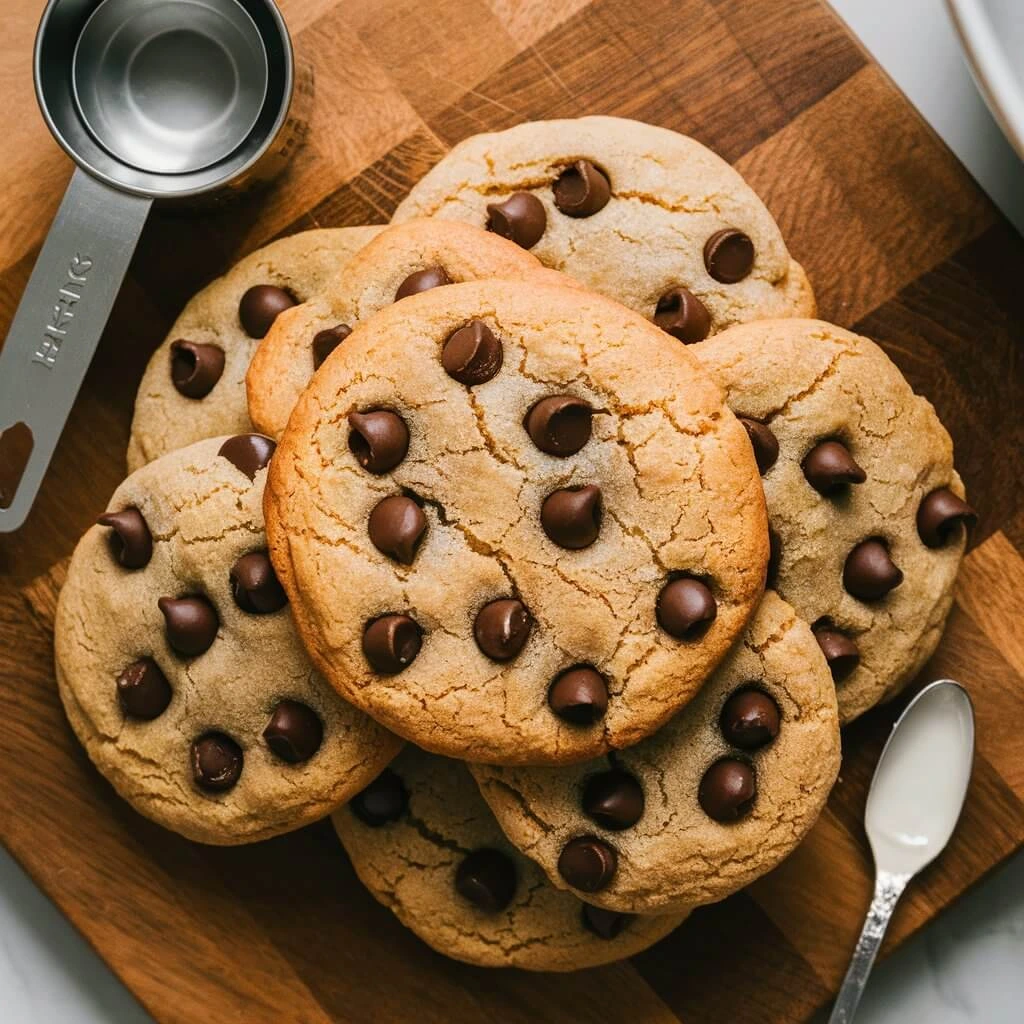 Freshly baked chocolate chip cookies ready for serving with a golden crust and chewy texture