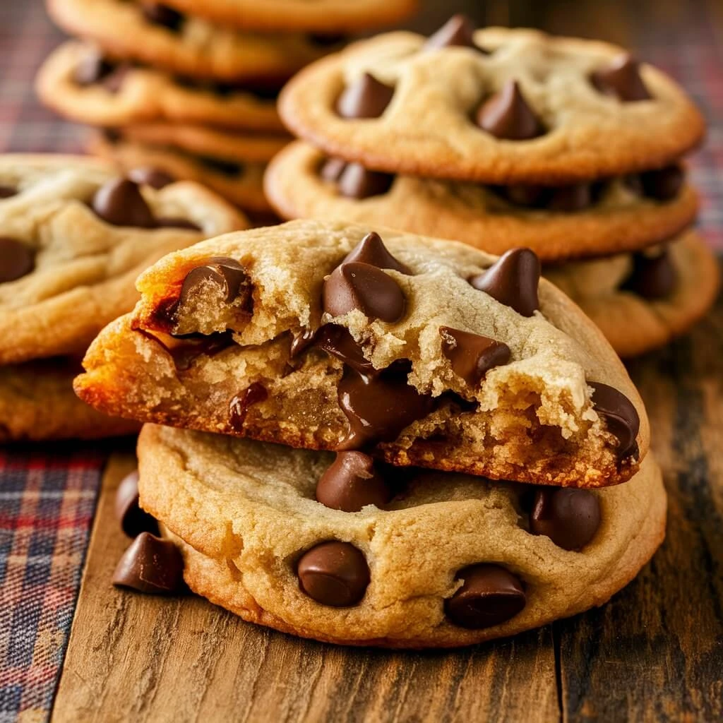 Gooey and soft chocolate chip cookies with a melted center and crispy edges