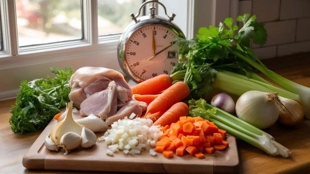 Fresh Ingredients for Chicken Noodle Soup Stock on Kitchen Counter