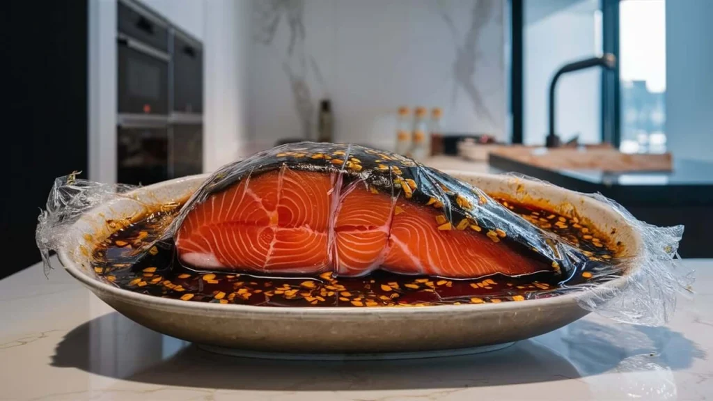 Salmon kama in a shallow dish coated with a soy-based marinade, sealed with plastic wrap, and placed in a refrigerator.

