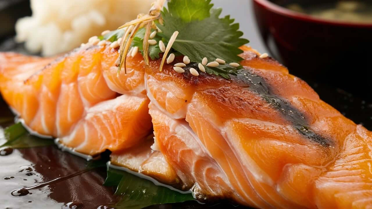 Close-up of a grilled salmon kama with a golden-brown crust, garnished with sesame seeds and fresh herbs, served with rice and miso soup.