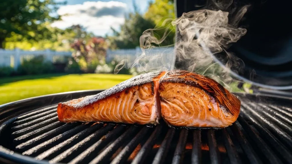 Salmon kama grilling on a barbecue with smoky steam rising and perfect grill marks, set in a backyard with natural lighting.