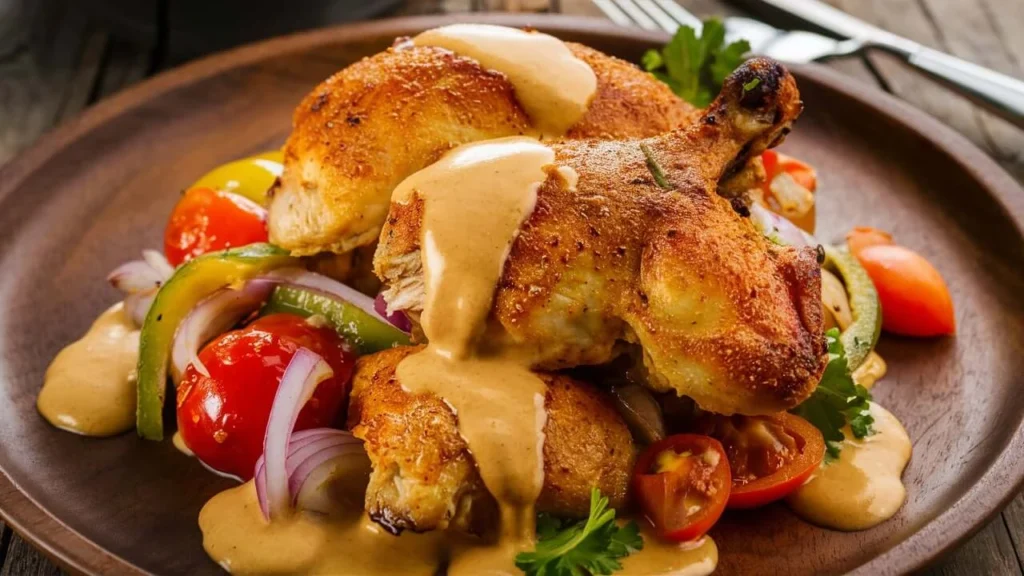 Plate of creamy Chicken Gloria served with mushrooms and garnished with fresh parsley