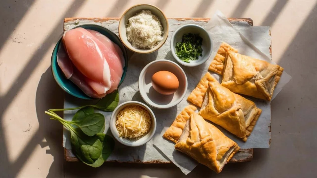 Flat lay of fresh ingredients for Chicken and Cheese Jalousie, including puff pastry sheets, shredded chicken, grated cheese, herbs, and egg wash.