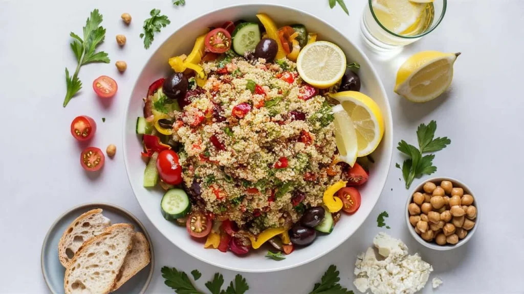 A beautifully plated Italian quinoa salad served with a glass of lemon water and slices of Italian bread. Chickpeas and plant-based cheese are displayed nearby for customization.