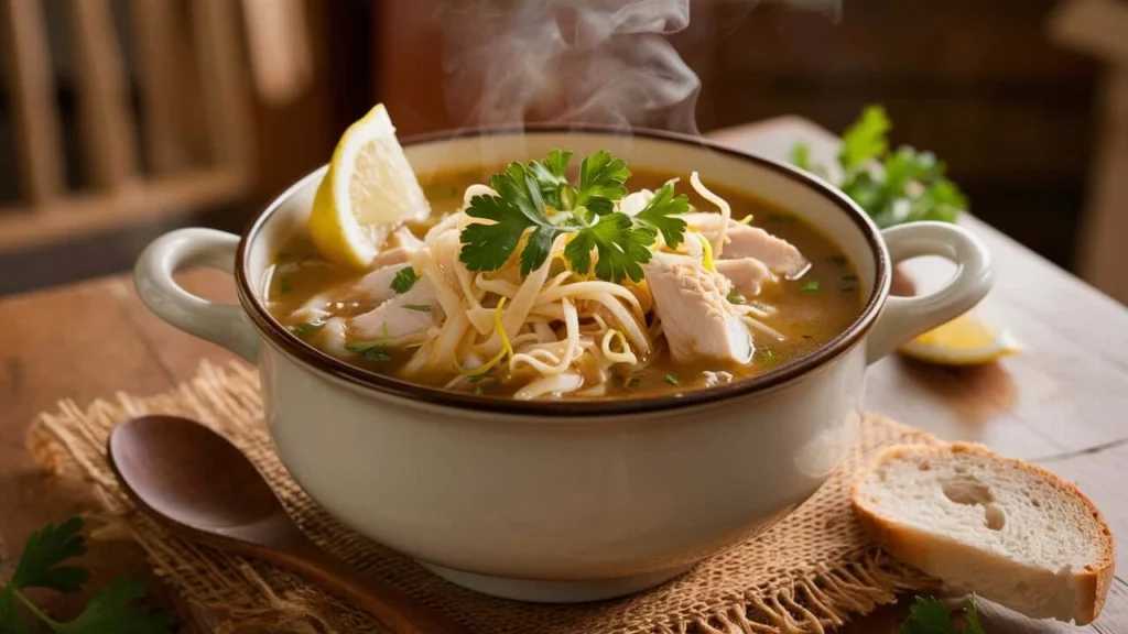 Chicken Noodle Soup stock with Fresh Garnishes