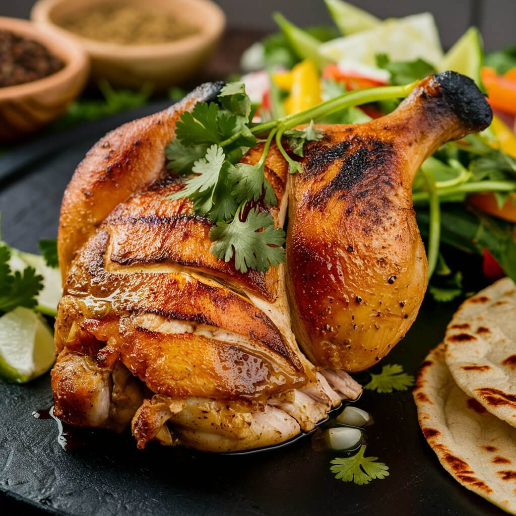 A grilled chicken quarter with crispy, charred skin, garnished with fresh cilantro, served alongside colorful vegetables, lime wedges, and soft tortillas.