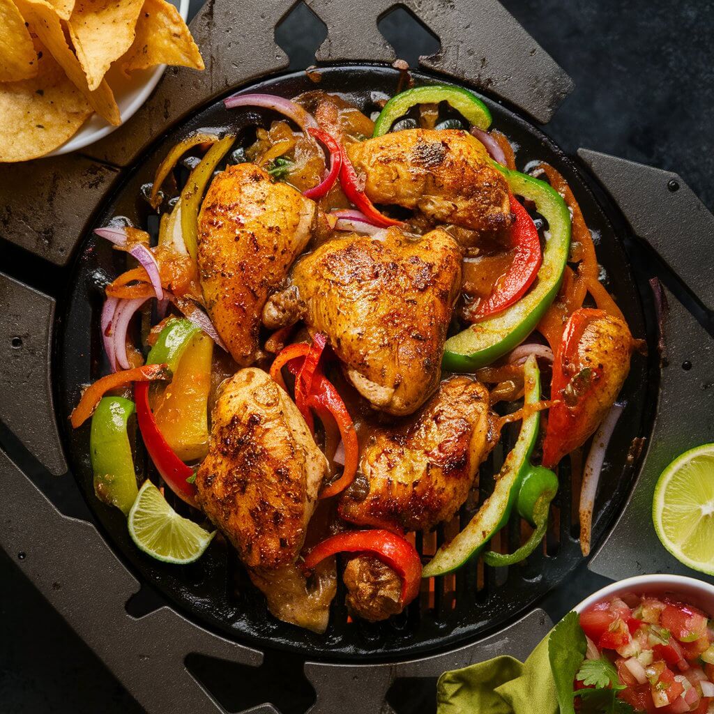 A sizzling skillet of grilled chicken pieces surrounded by vibrant bell peppers, onions, and lime wedges, served with tortilla chips and fresh salsa.