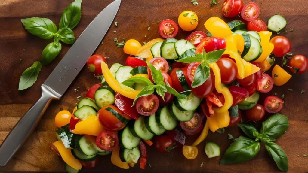 Neatly chopped vegetables, including cherry tomatoes, cucumbers, and red and yellow bell peppers, arranged on a wooden cutting board with fresh basil sprigs.