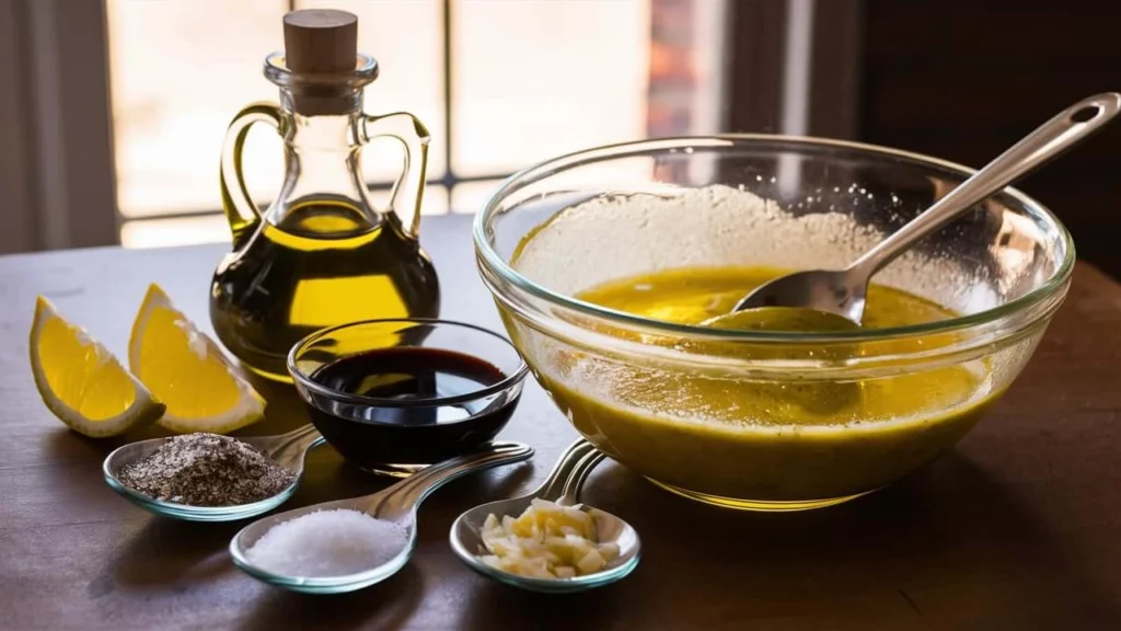 Ingredients for Italian salad dressing, including olive oil, balsamic vinegar, lemon juice, and small spoons of salt, pepper, and minced garlic, with a glass bowl of partially blended dressing.