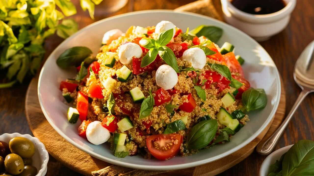 A vibrant plate of Italian quinoa salad with diced tomatoes, cucumbers, red bell peppers, fresh basil, and optional mozzarella balls, served on a wooden table with balsamic dressing and olives.