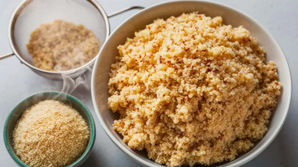 A close-up of fluffy, perfectly cooked quinoa with a small bowl of uncooked quinoa and a fine mesh strainer nearby, steam rising gently from the cooked grains.