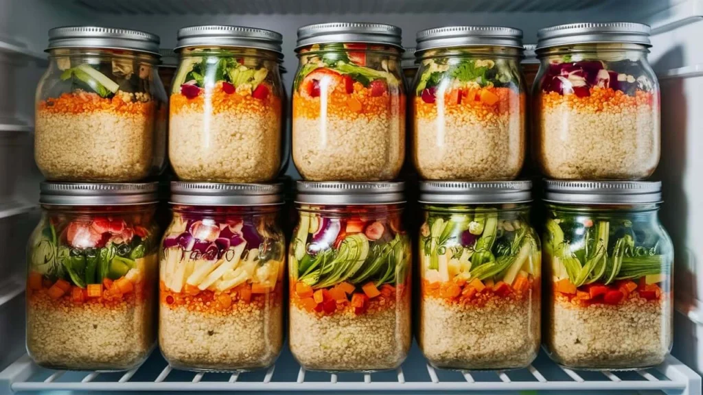 Italian quinoa salad stored in mason jars, neatly lined up on a refrigerator shelf, with vegetables layered at the bottom and quinoa on top.